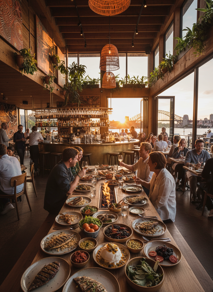 stunning restaurant scene in Australia, vibrant ambiance, modern yet inviting, with delicious food and stylish interior