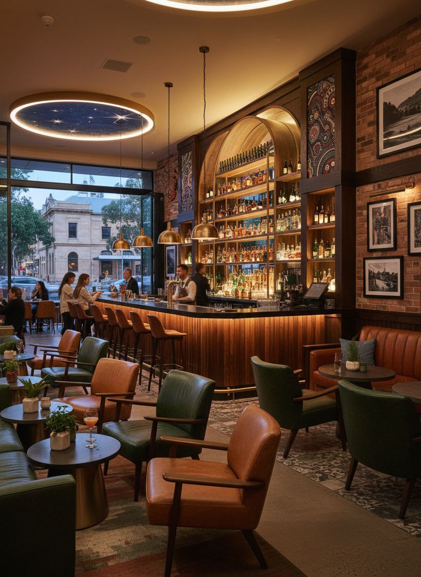 stunning pub setup, vibrant atmosphere, high-end bar, comfortable seating, modern decor, located in Australia
